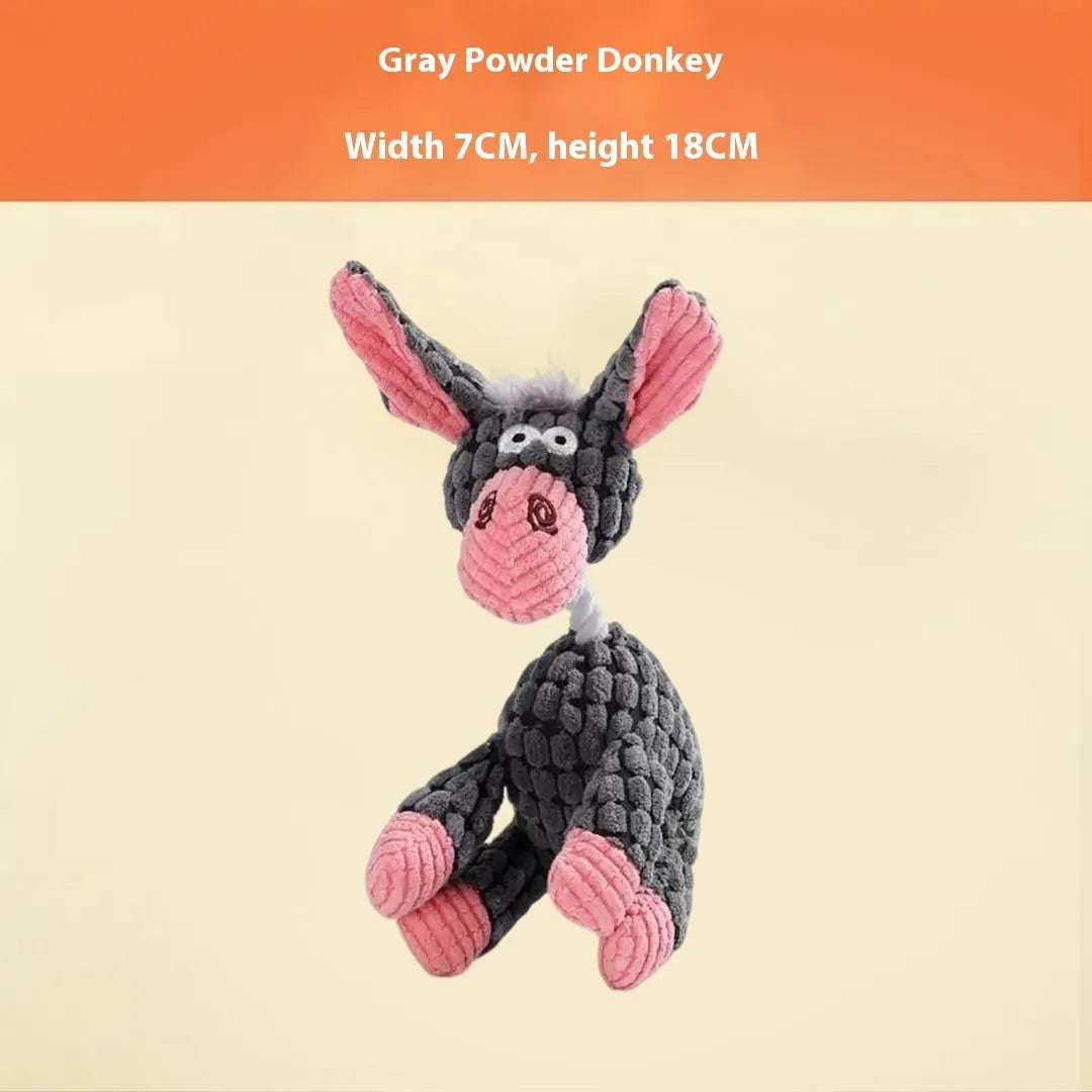 Assortment of bite-resistant plush pet toys including donkey, duck, elephant, and dog styles for puppy chewing.
