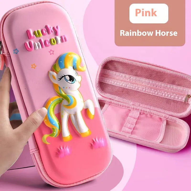 3D leather pencil case in a box shape showing one of the available design options such as a spaceship or unicorn