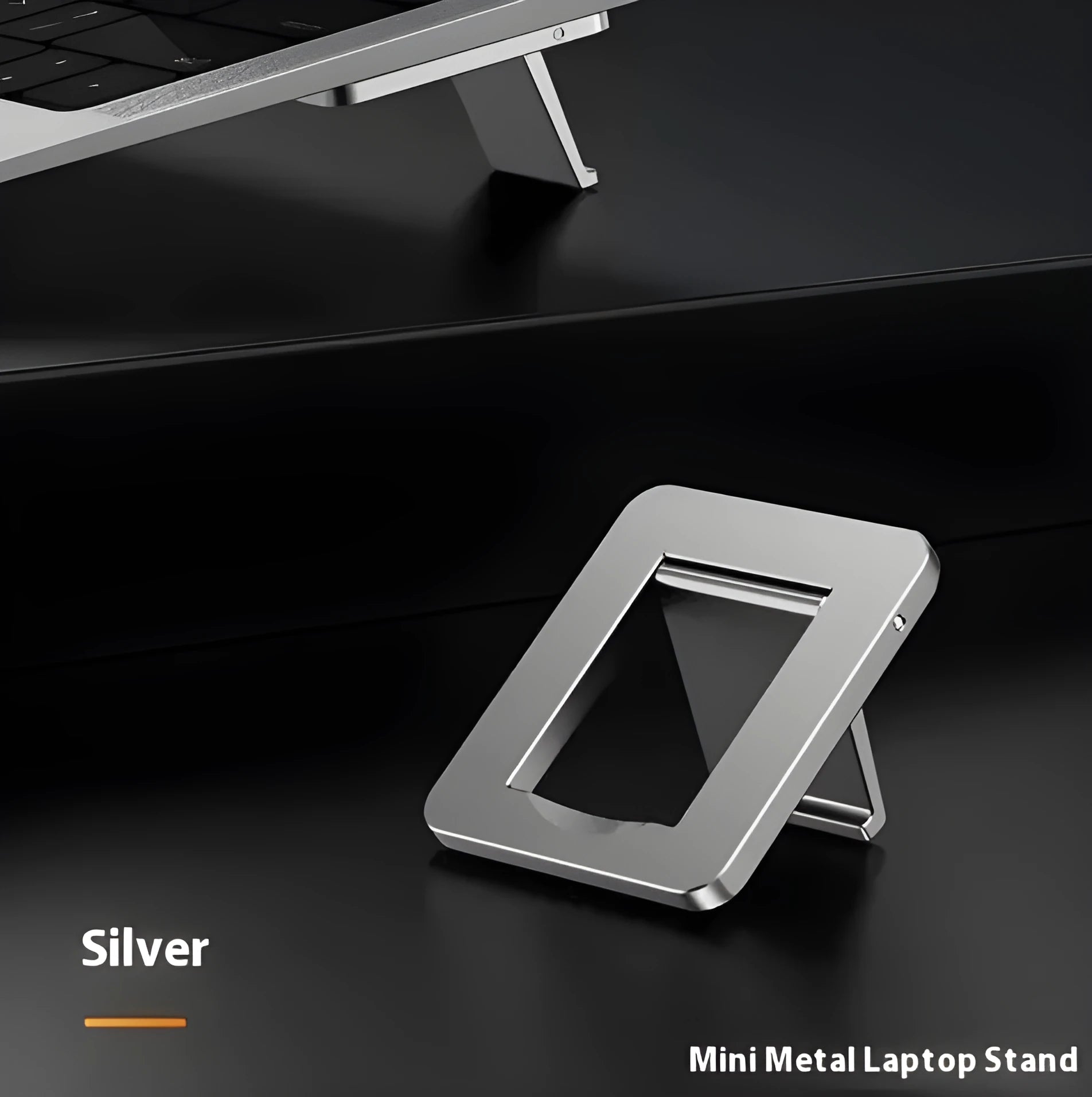 Foldable aluminum laptop bracket showing silver alloy construction and 3M adhesive backing