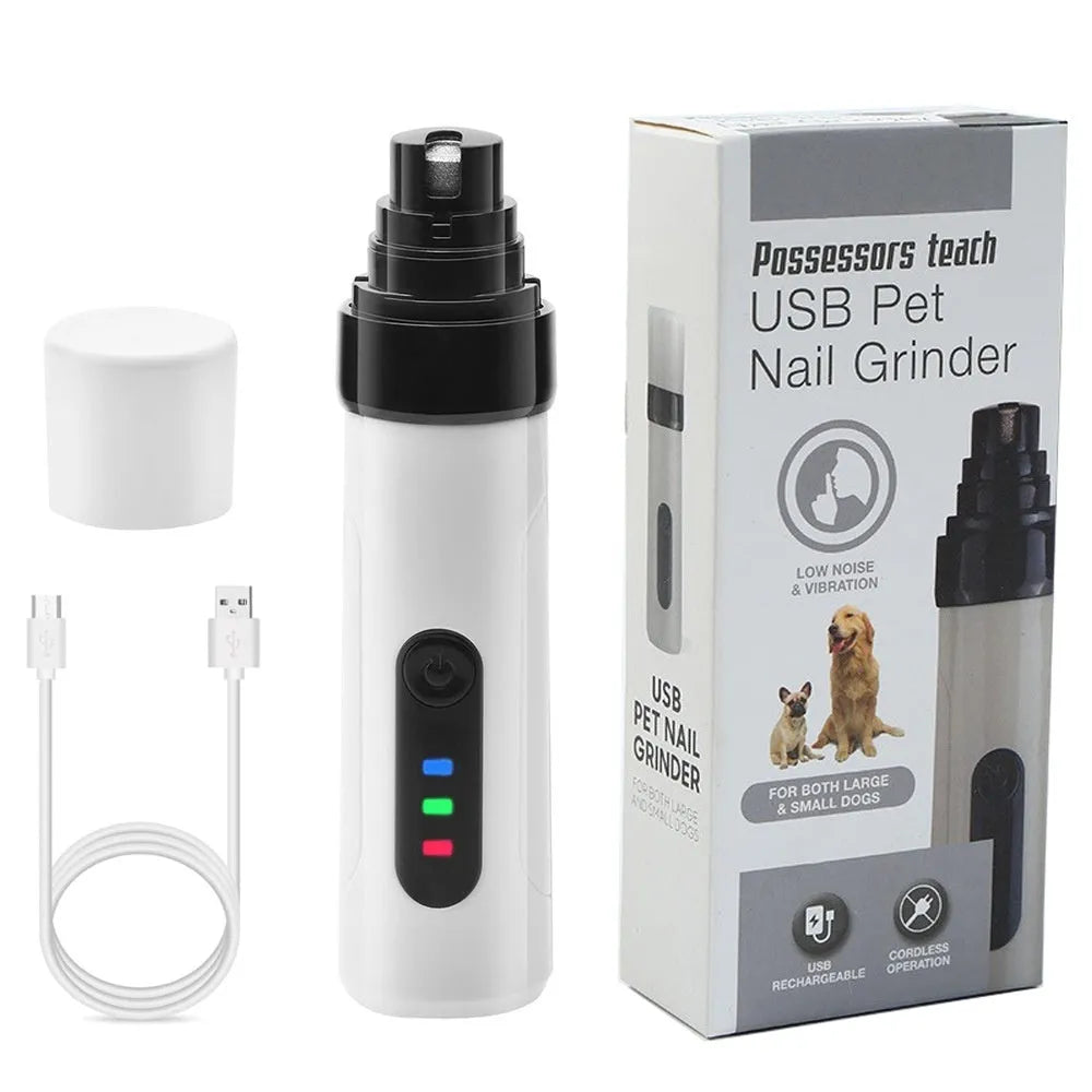 Electric dog nail grinder with LCD screen, LED lights, and a dust collection cup attached.
