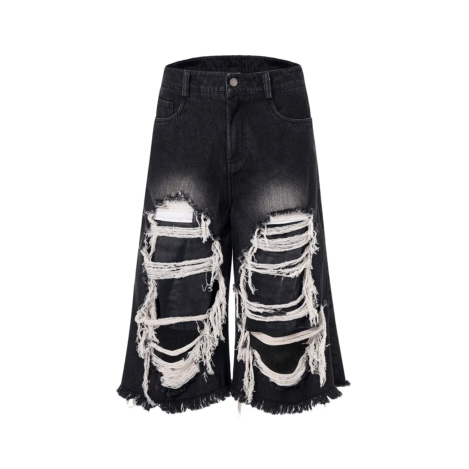Black women's cropped wide leg jeans with a distressed patch detail on the leg.