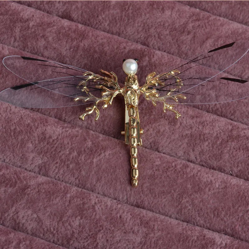 Golden dragonfly side clip headdress with alloy construction and electroplated finish