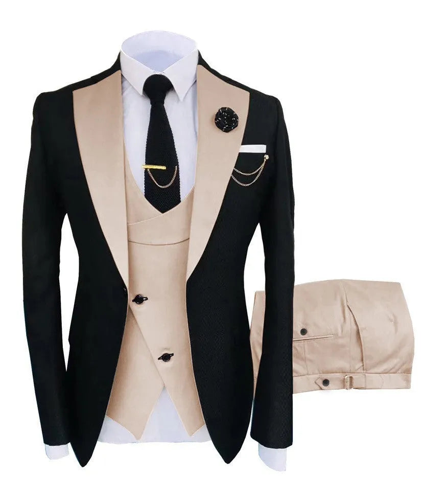Men's black slim fit three-piece cotton suit with vest for weddings.