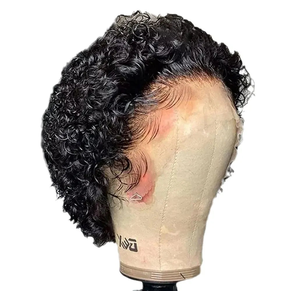 Black human hair lace front pixie wig showing natural hairline