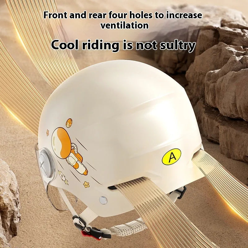 Khaki coloured motorcycle half helmet with removable visor on display