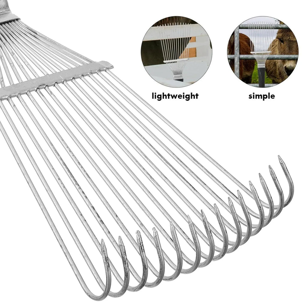 Stainless steel pet grooming rake comb for horses and dogs, 33 cm long with curved teeth.
