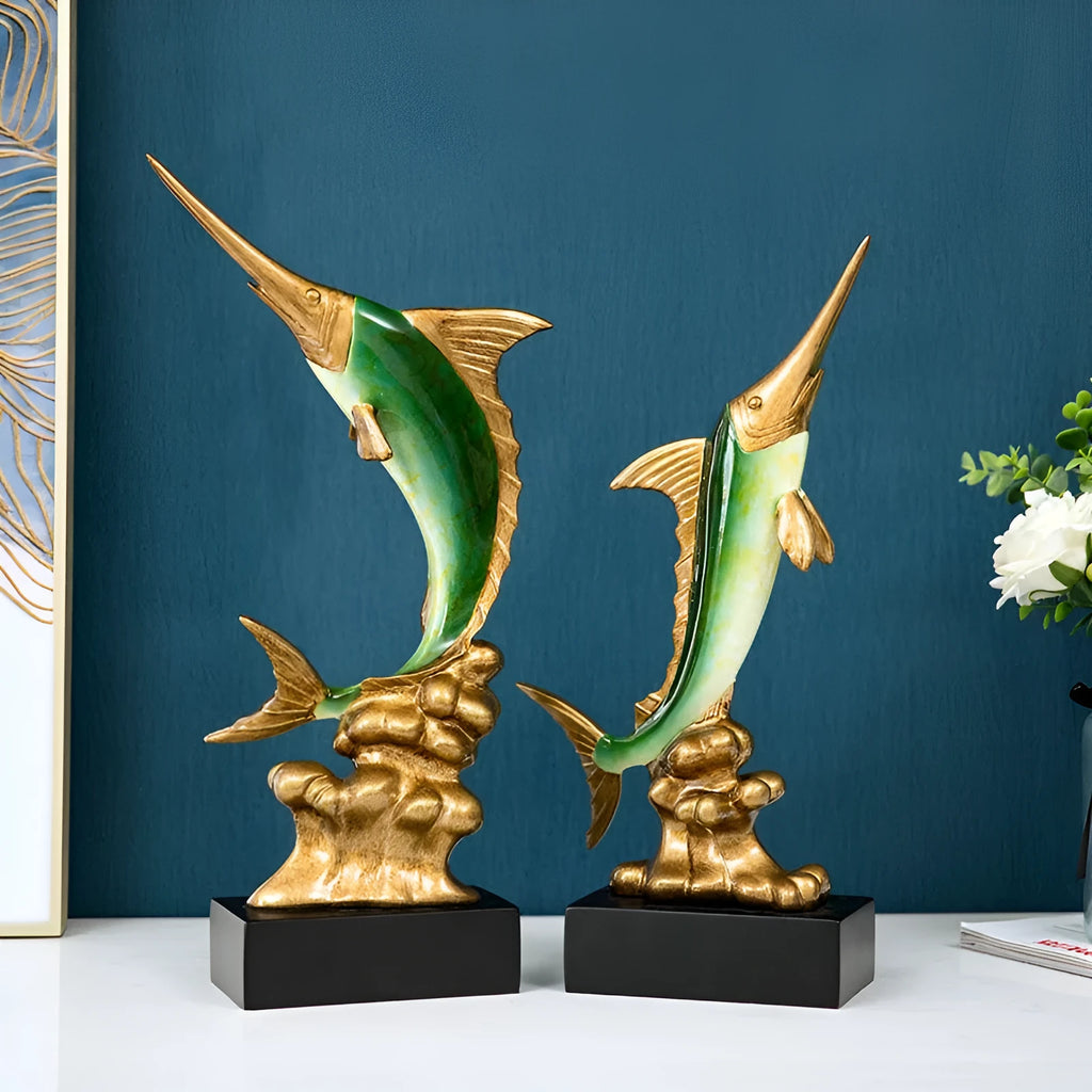 European style decorative resin swordfish ornament in Ocean Green, Lake Blue, Coral Red or Bright Gold.