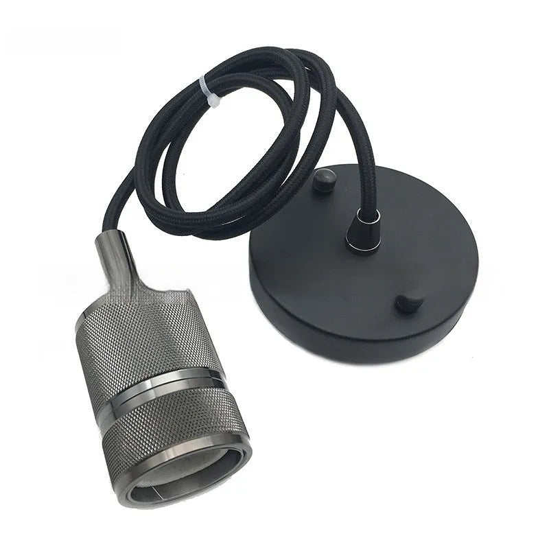 Retro DIY ceiling light chandelier kit with cast aluminum holder and woven power cord in shiny black and gold finishes