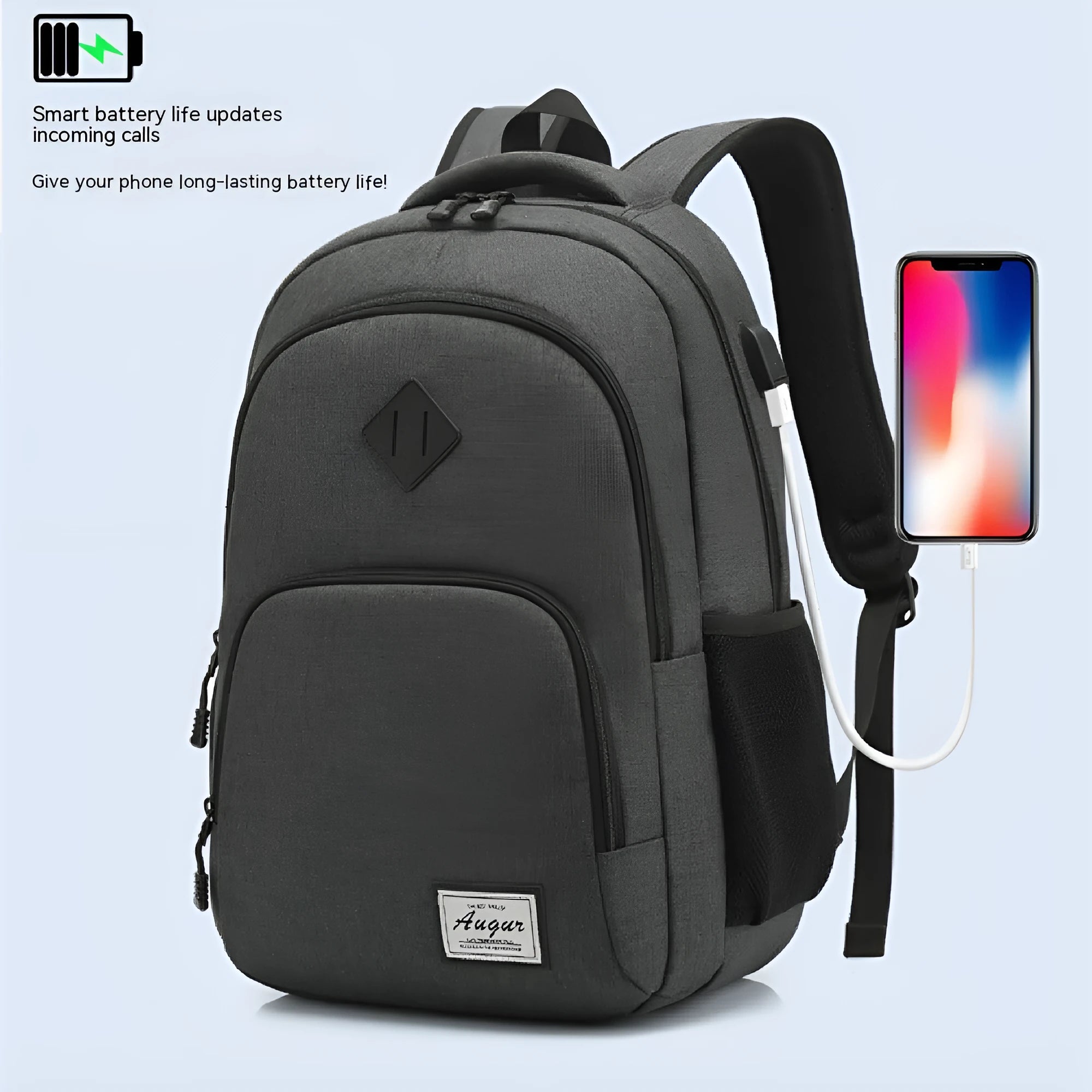 USB charging backpack with trolley strap in black, dark grey and light grey colours