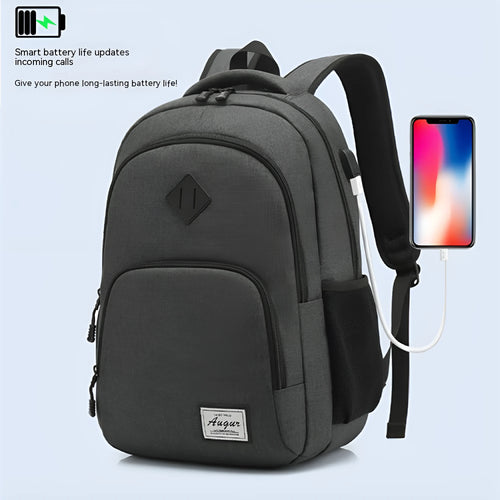USB charging backpack with trolley strap in black, dark grey and light grey colours