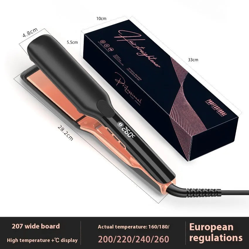 Silver hair straightener with digital temperature display showing 207℃ and European standard plug