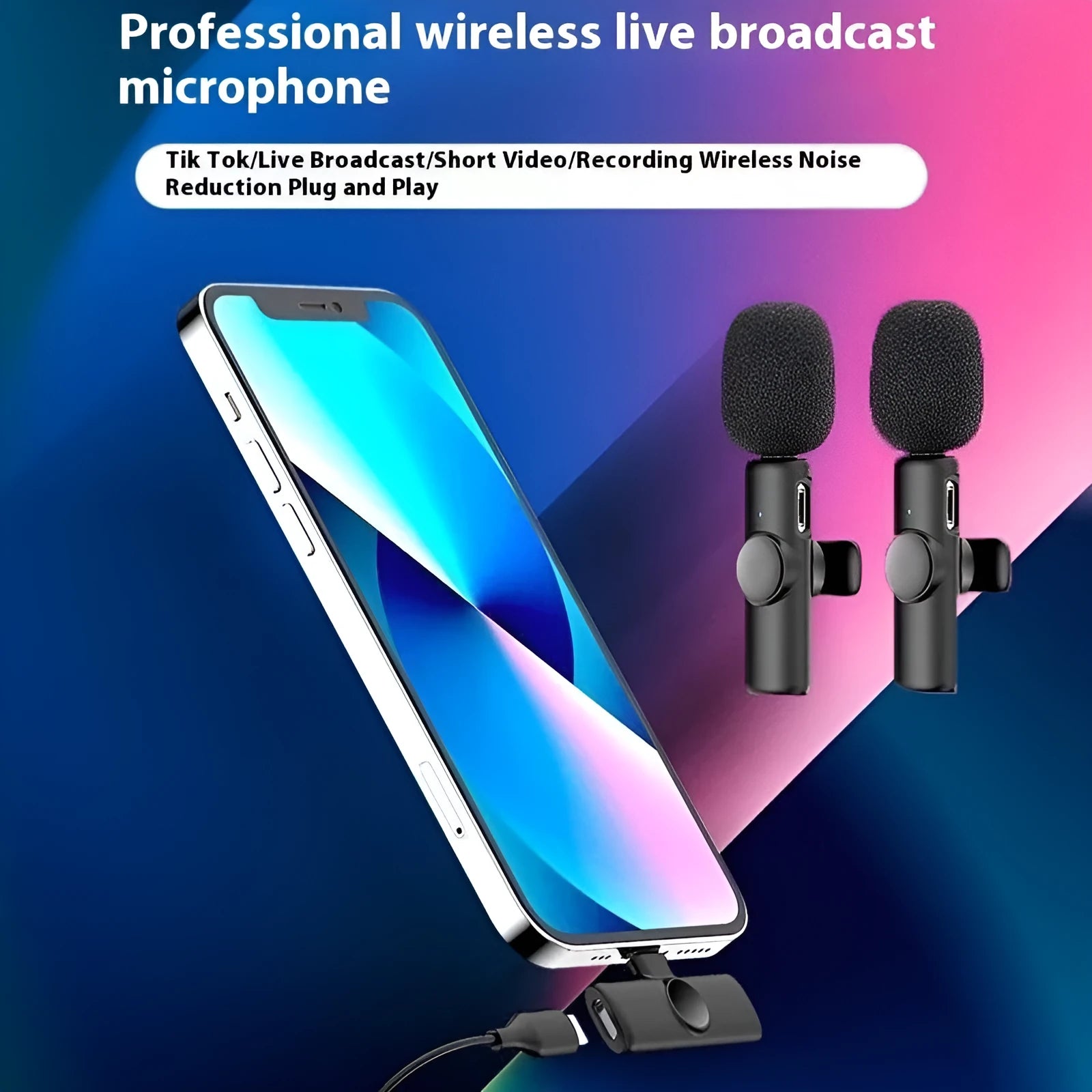 Wireless collar clip lavalier microphone with smartphone connector options for Type-C, Lightning, and 3.5mm jacks.