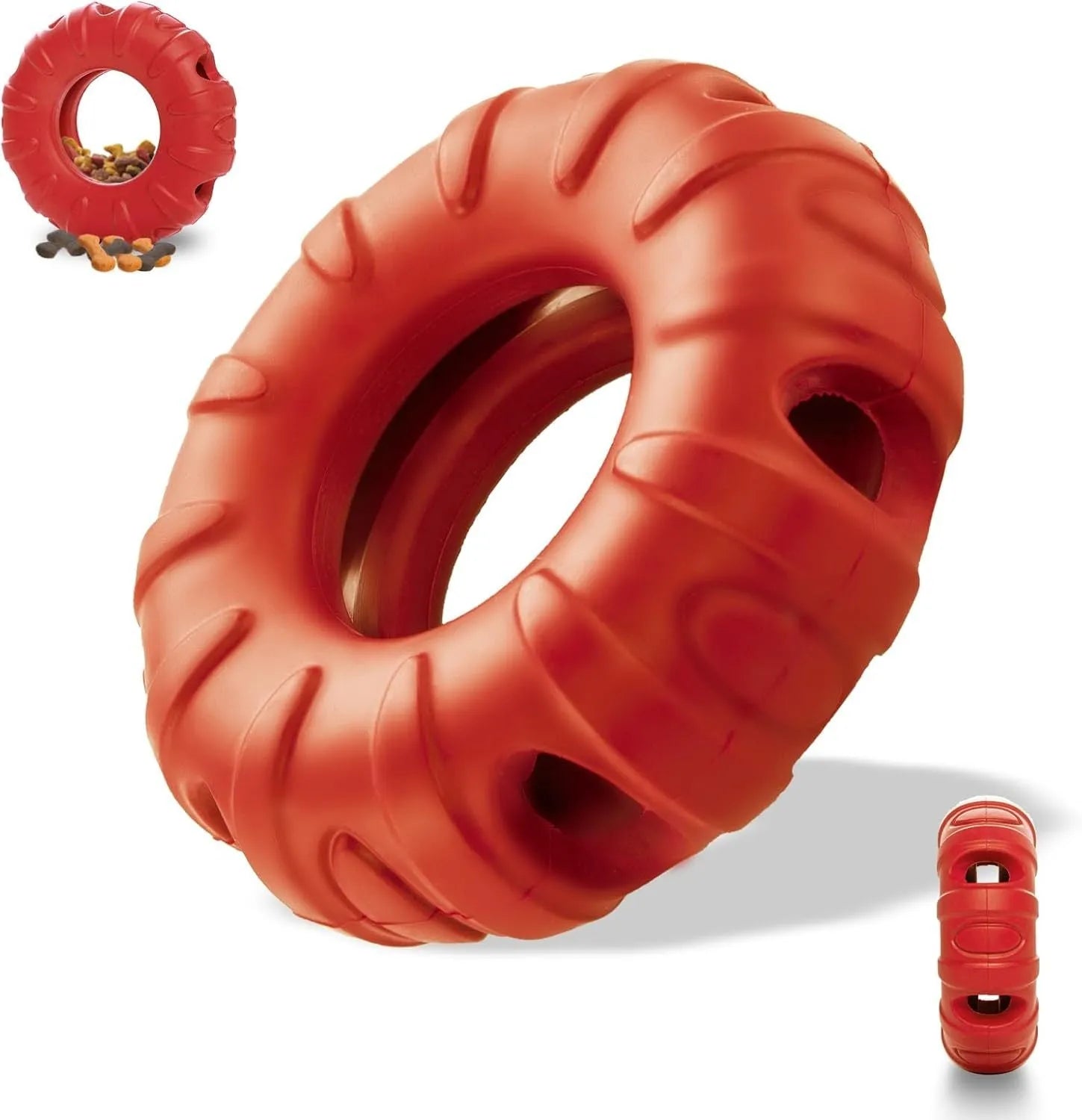 Blue rubber tyre-shaped dog chew toy with oval openings, shown next to dog treats.