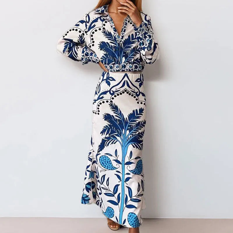 Women's early spring casual fashion set with flower print design showing long sleeve top and matching long skirt