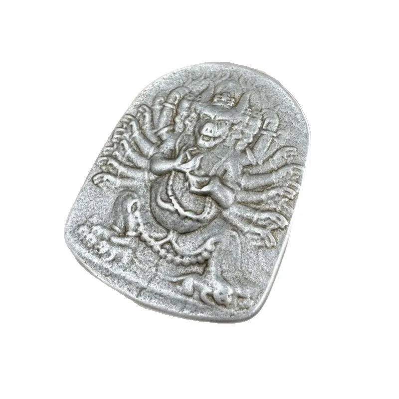 Iron pendant with Chinese geometric style and Aryaacalanatha Yamantaka design for wall hanging.