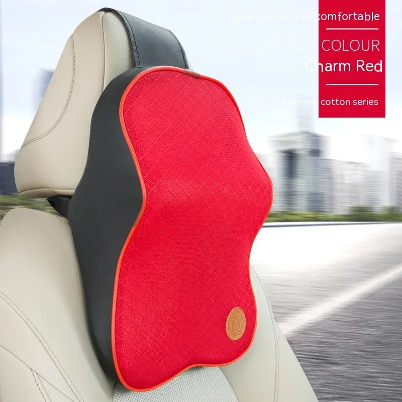 Black and beige memory foam headrest pillow and lumbar support pillow for car seats.