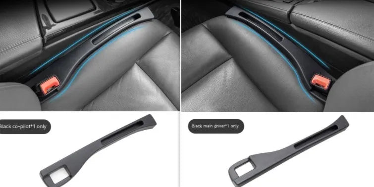 Black car gap storage box with handle positioned between car seats