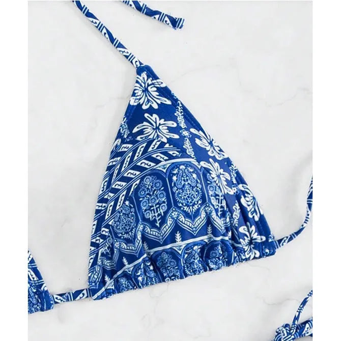 Women's split bandage bikini swimsuit with printed stitching details in various colours
