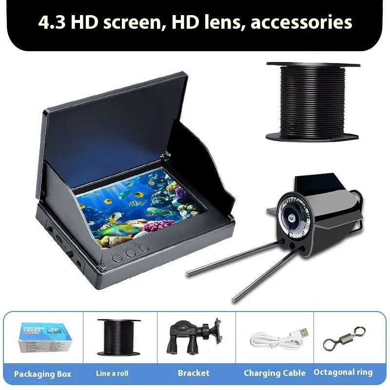 Fish finder underwater camera with 4.3-inch screen, night vision lights, and long cable on a fishing boat.