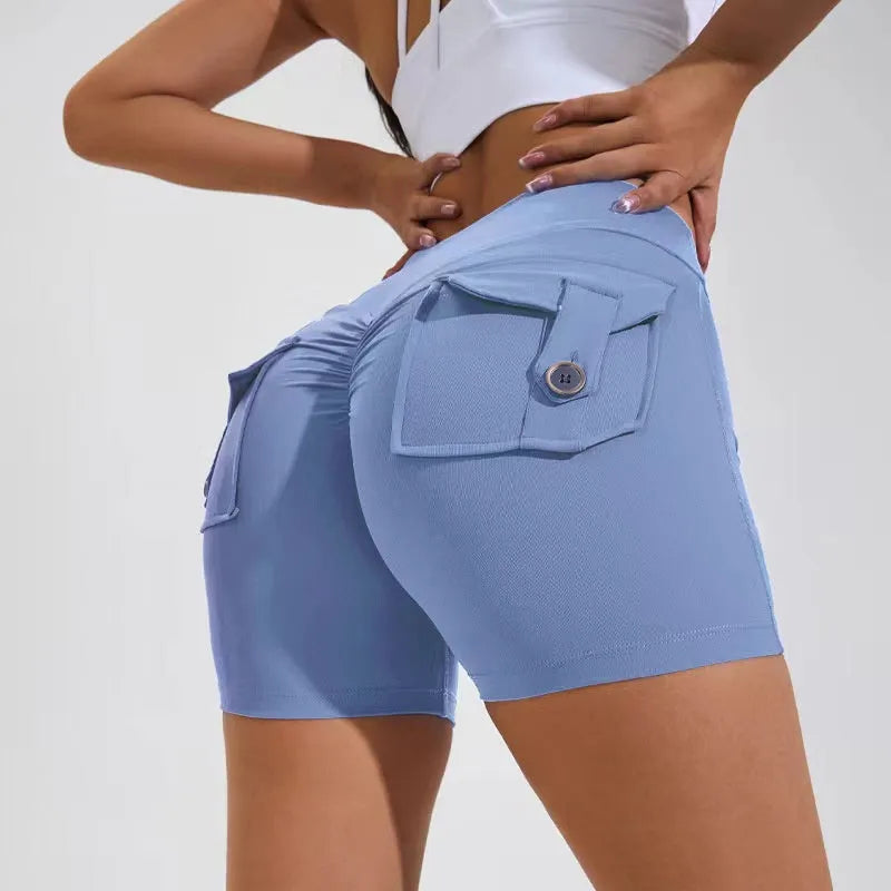 Women's high-waisted fitness shorts with pockets in various solid colours
