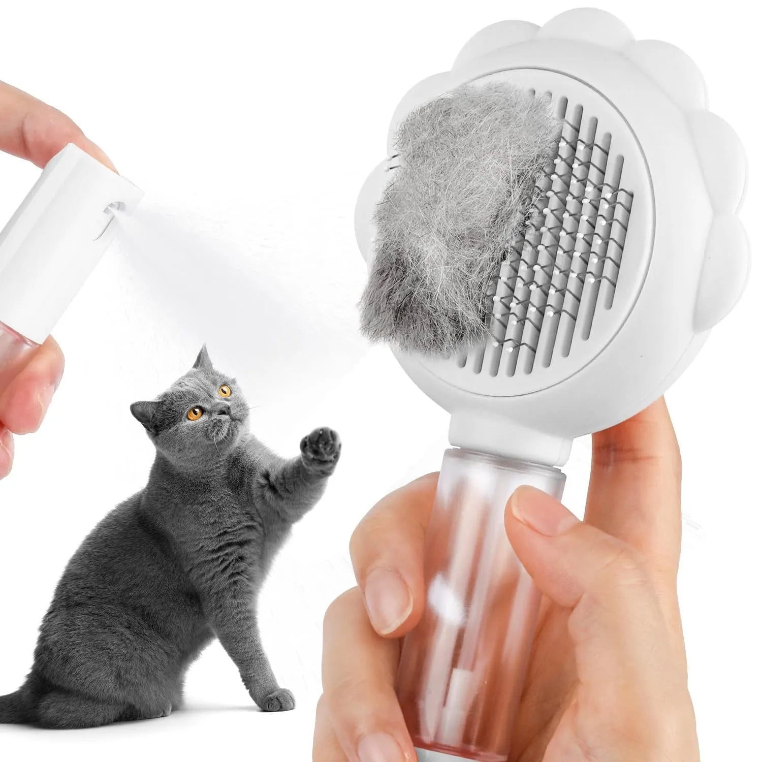 Self-cleaning spray cat grooming brush with stainless steel bristles in grey, green, and pink colour options.
