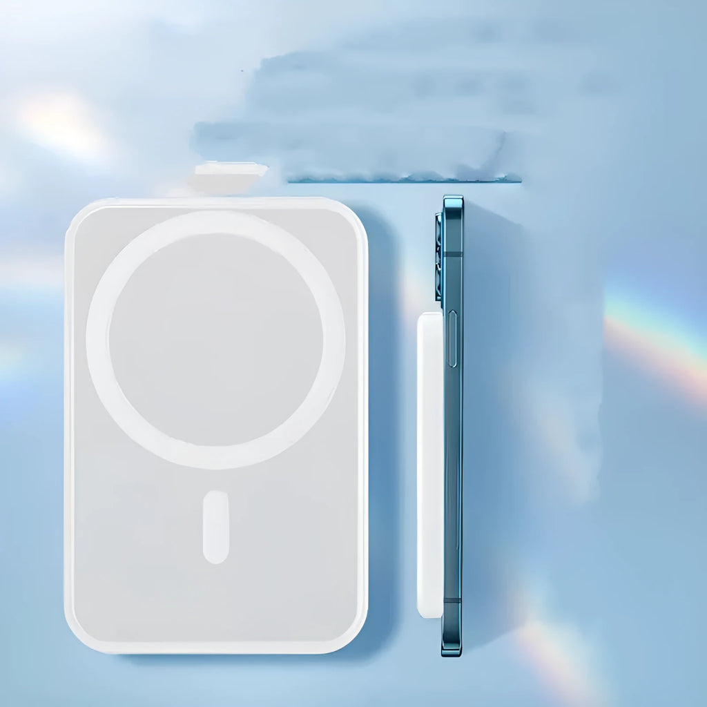 White magnetic wireless power bank with stand functionality showing 5000mAh capacity