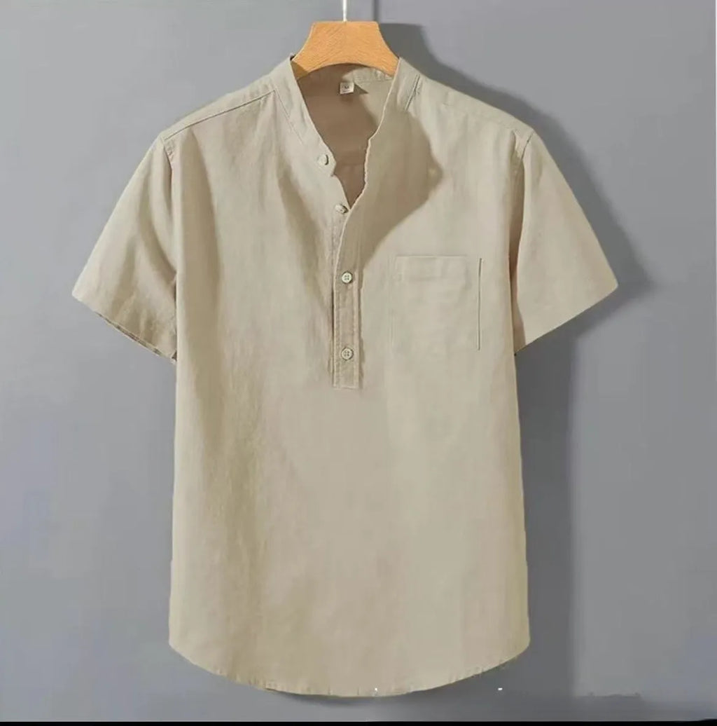 Men's casual linen shirt with stand collar and short sleeves in slub cotton fabric, loose fit