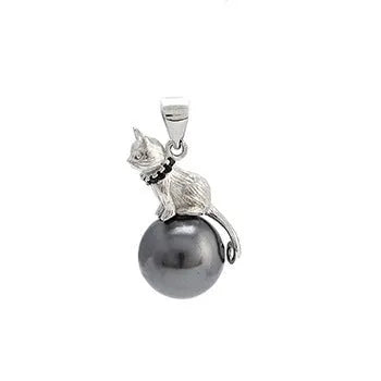 Close-up of a sterling silver cat pendant on a chain, showing the D2113 or D2114 finish variant.