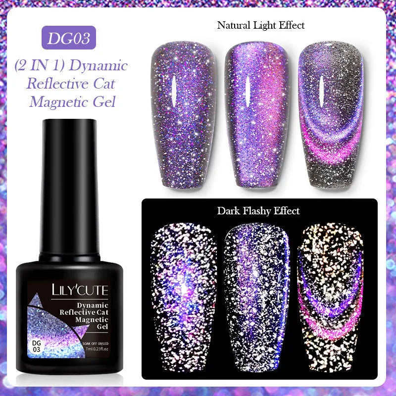 Cat Eye Series UV Gel Nail Polish bottles showing six fluorescent colours with glitter and diamond fragment effects