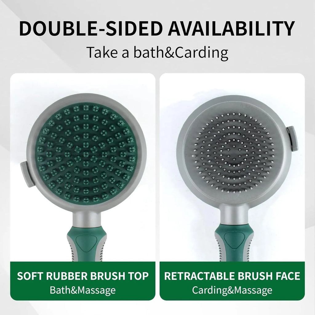 Green and pink 2-in-1 silicone cat brush showing slicker brush side and octopus-teethed massager side