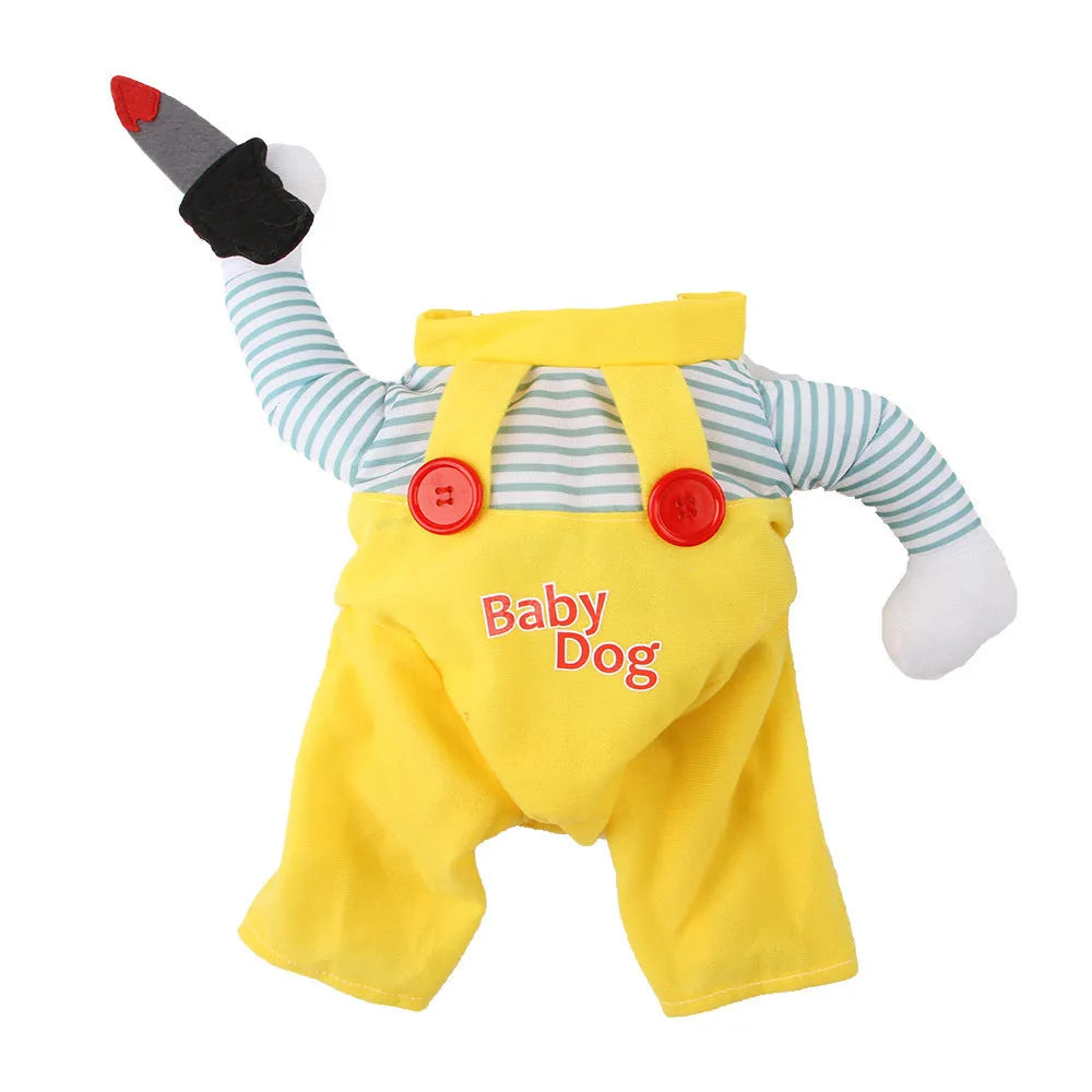 Yellow sword assassin themed cat costume in polyester fabric showing front design