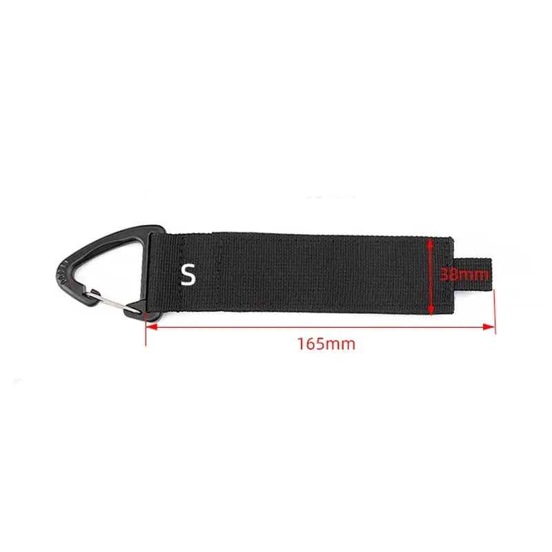 Black gravity strap with climbing button carabiner for storage organisation in three available sizes