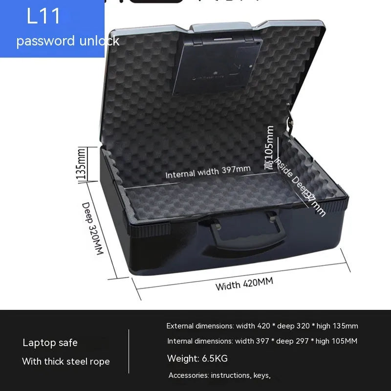 L12 model portable small password safe made of steel with a mechanical combination lock.