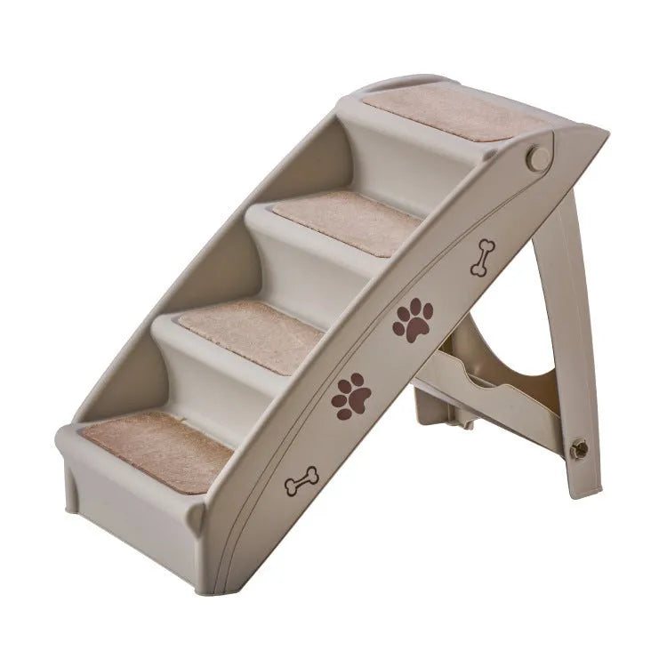 Foldable grey plastic pet stairs for small dogs and cats on a carpeted floor.