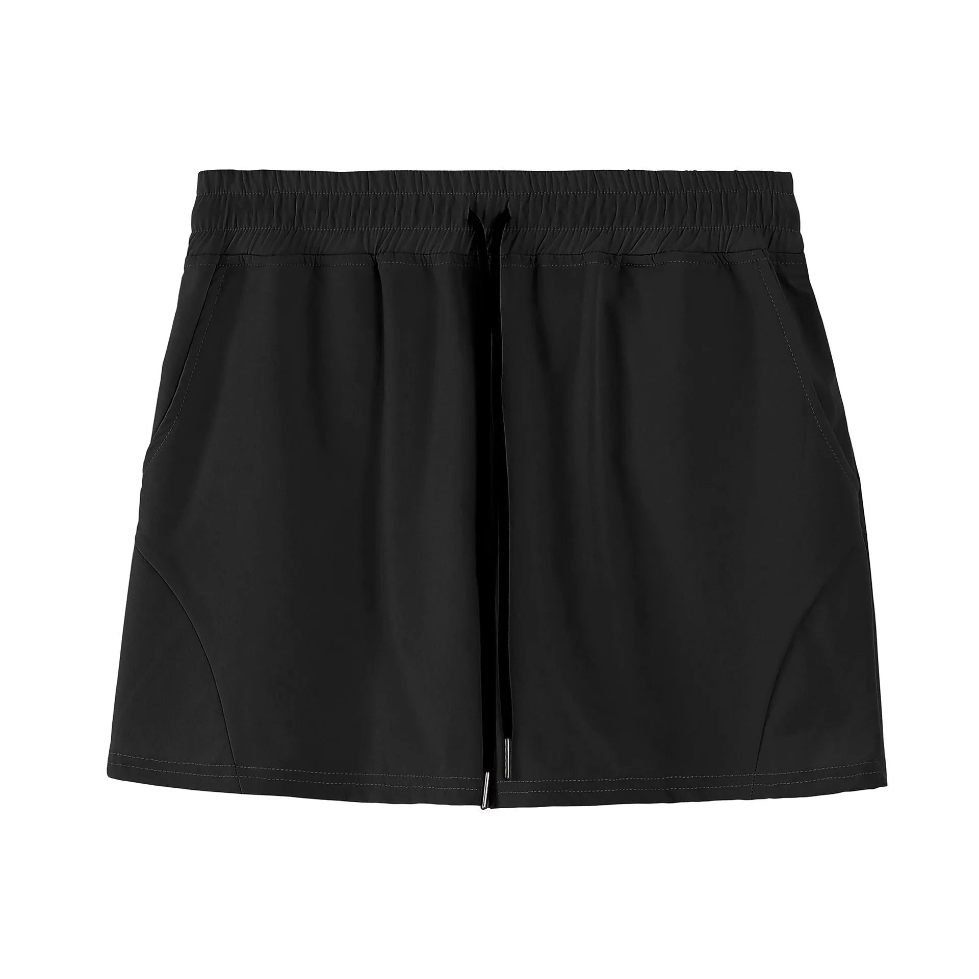 Men's thin grey polyester basketball shorts with an elastic waistband, laid flat.