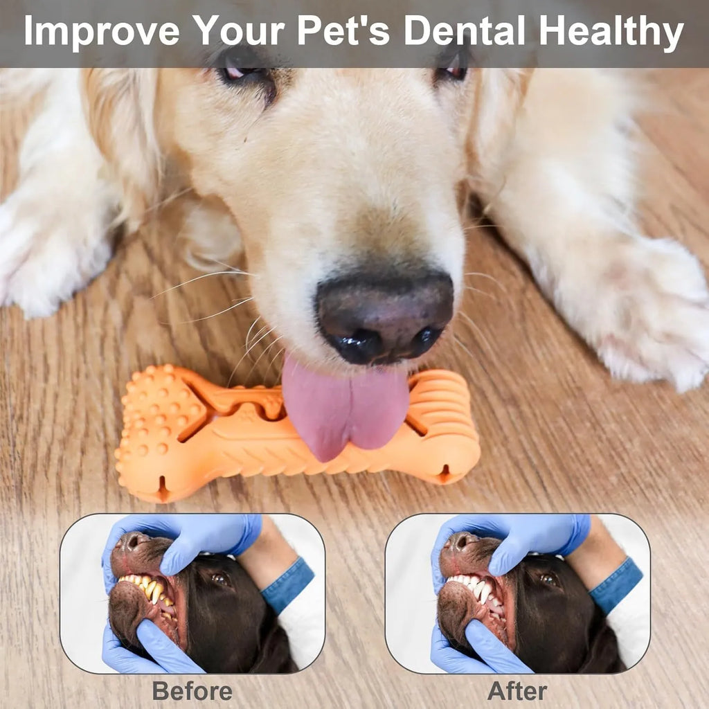 Blue natural rubber bone-shaped dog chew toy with textured surface for teeth cleaning.