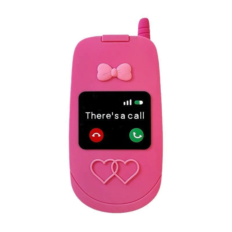 Pink silicone flip phone shape case with a mirror, designed for iPhone models.