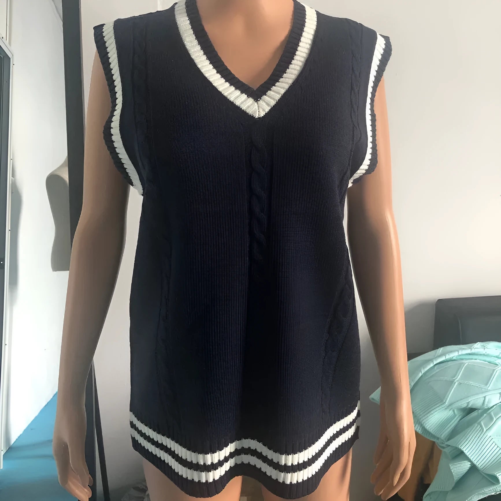 Women's slim fit V-neck acrylic knitted waistcoat sweater with striped stitching detail