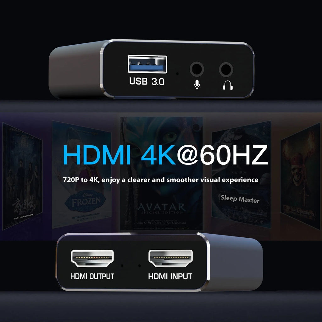 Black 4K gaming set-top box with MS2131 chip for audio recording and 1080p media playback.