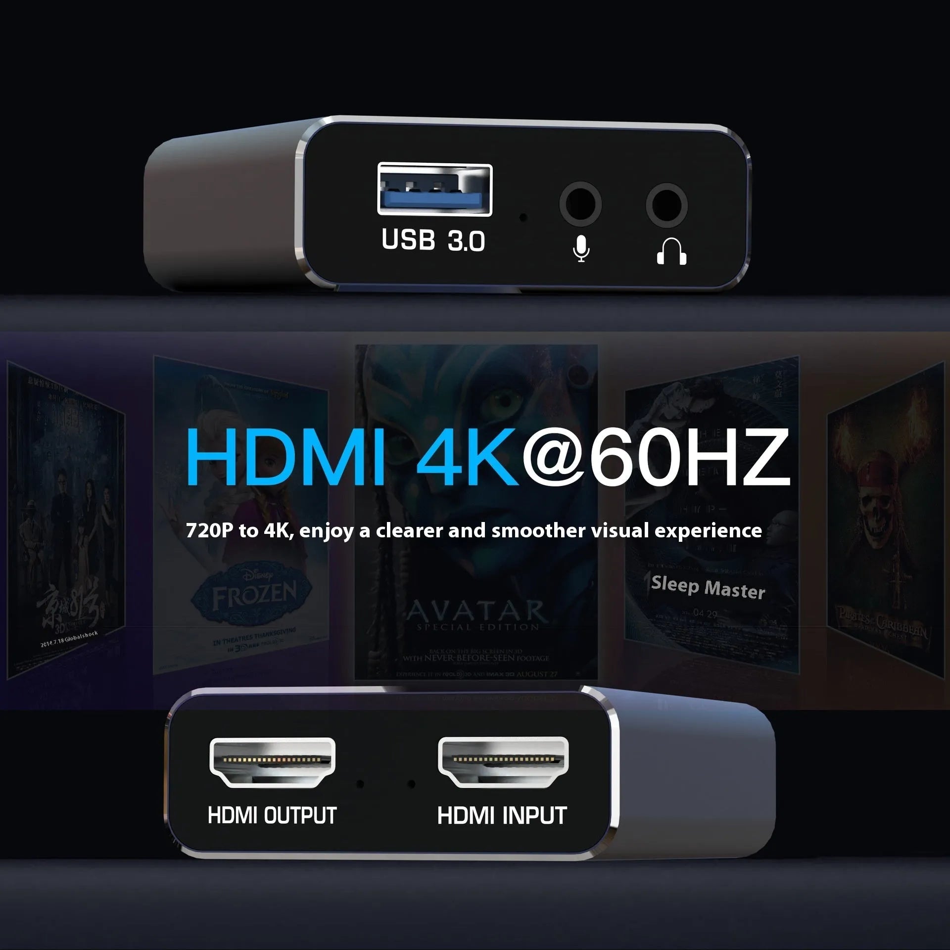 Black 4K gaming set-top box with MS2131 chip for audio recording and 1080p media playback.
