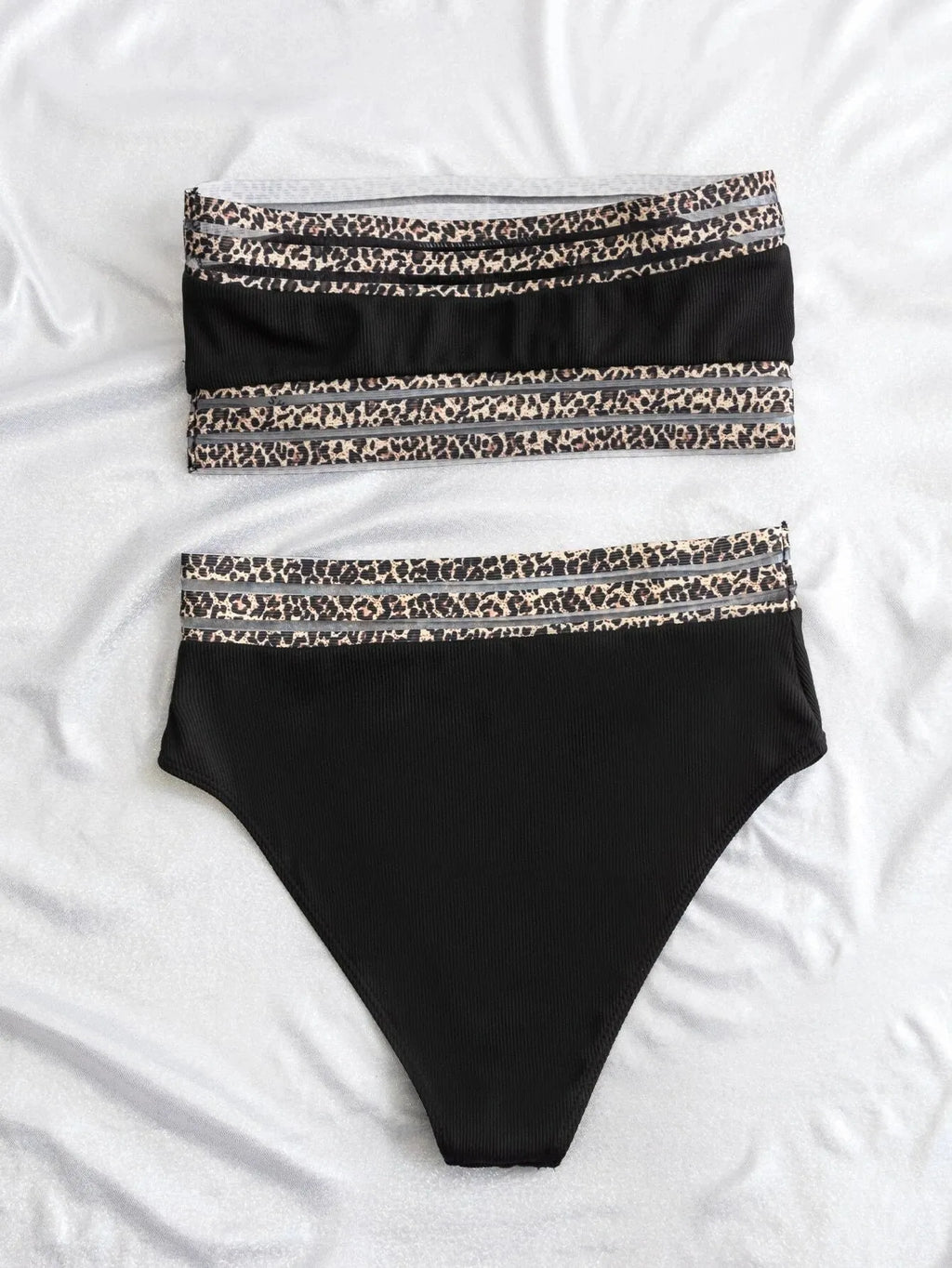 Black strapless split swimsuit with leopard print splicing on quick-drying nylon briefs