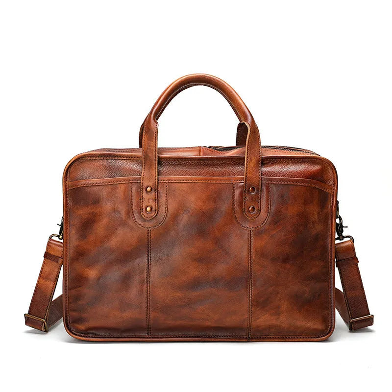 Vintage style leather men's briefcase with multiple internal pockets and 42x15x29cm dimensions