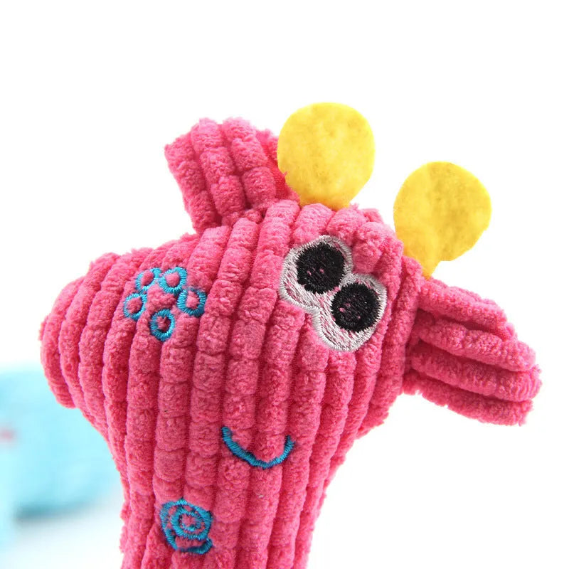 Blue deer-shaped plush dog toy with corn grain texture and sound feature