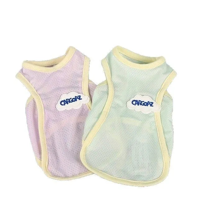Cat wearing thin polyester summer vest in grass green colour with sports style design