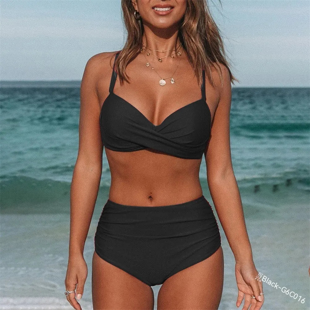 Women's solid colour cross-strap bikini swimsuit with briefs-style bottoms