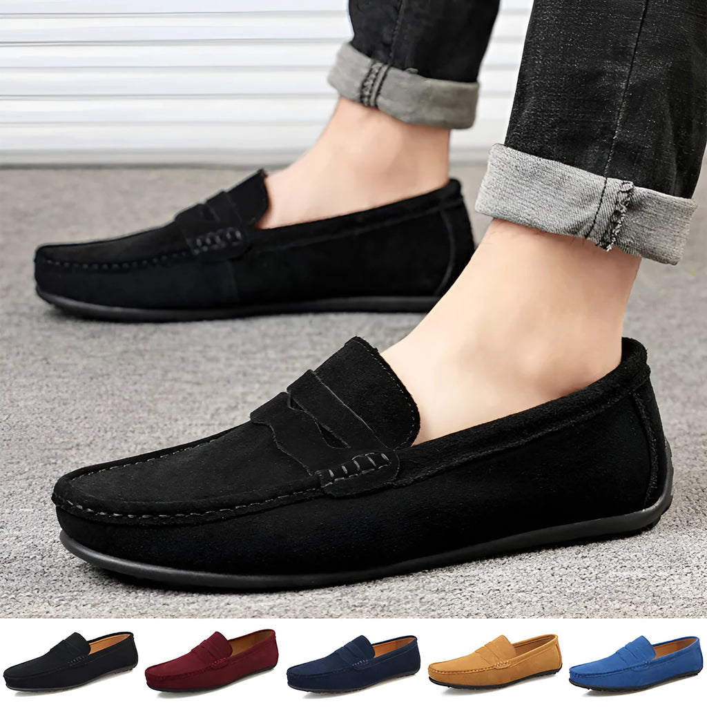 Men's suede slip-on loafers in solid colours with round toe and rubber sole