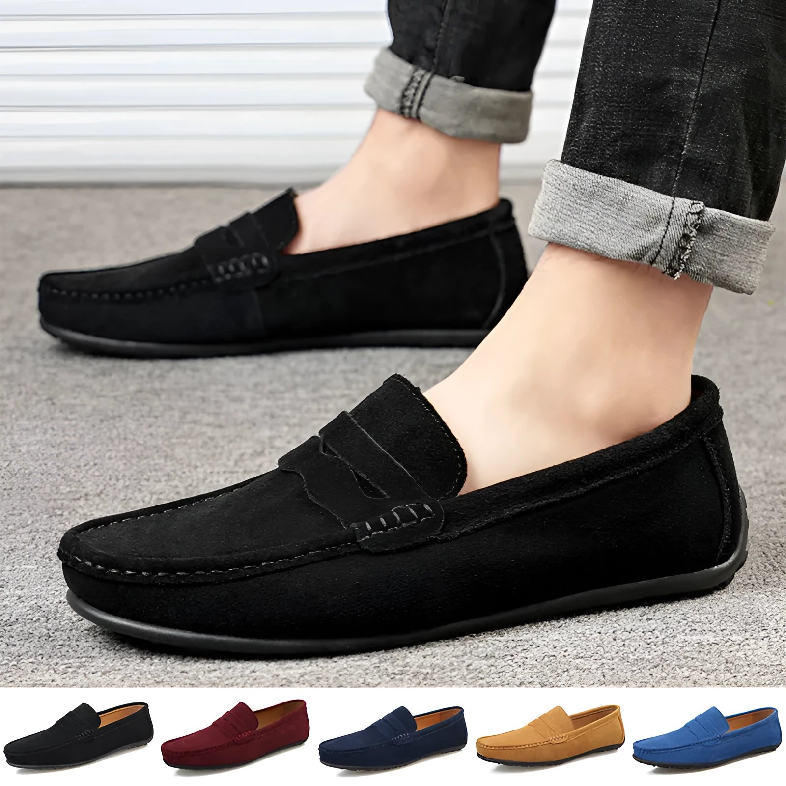 Men's suede slip-on loafers in solid colours with round toe and rubber sole