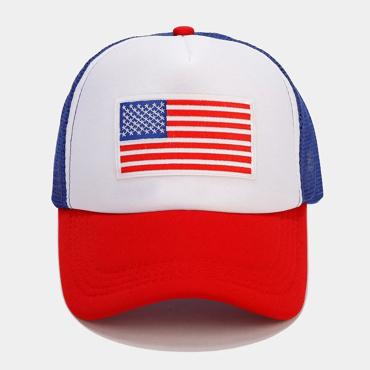 Red and blue contrast colour baseball cap with adjustable strap and mesh panels
