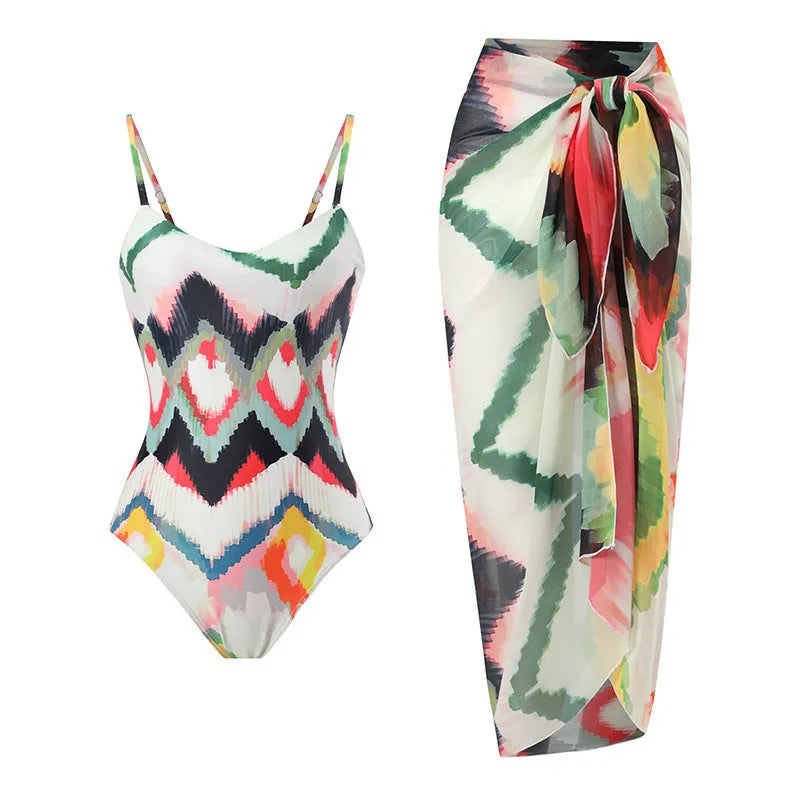Women's two-piece swimsuit with hip skirt in printed polyester fabric
