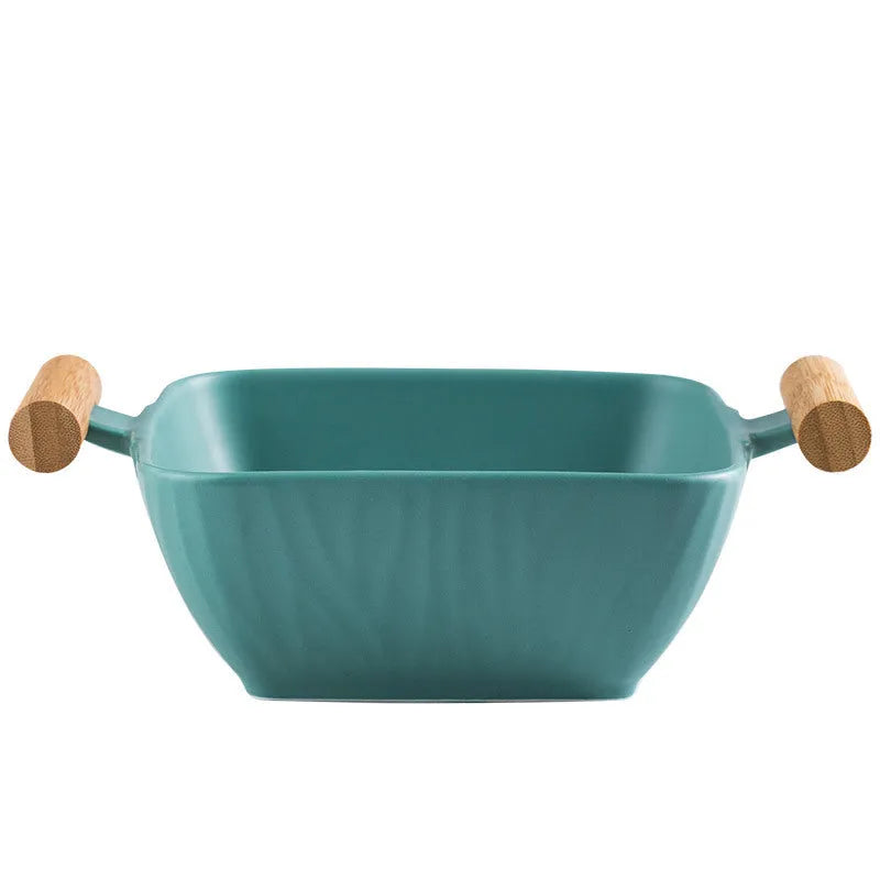 Modern porcelain ceramic serving bowl with lid in irregular shape design
